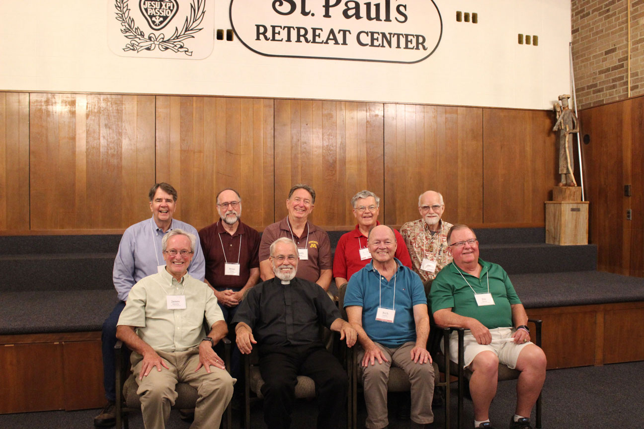 Warrenton Class of '67: Front row: James Hinrichs, Fr. Bob Knight, Rich Padilla and Jim Byrne.  Back Row: Mike Moll, Brian Power, Randy Drean, Fr. John Schork, CP, and Jim Williams.