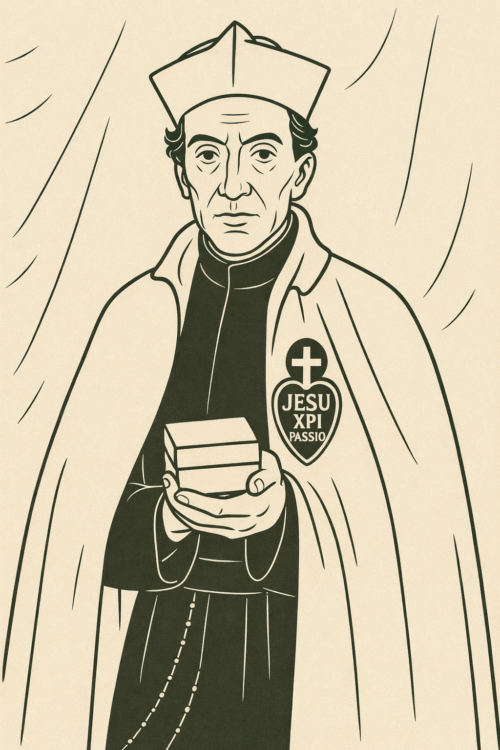 Line drawing of St. Charles Houben wearing traditional Passionist attire and holding a stack of books