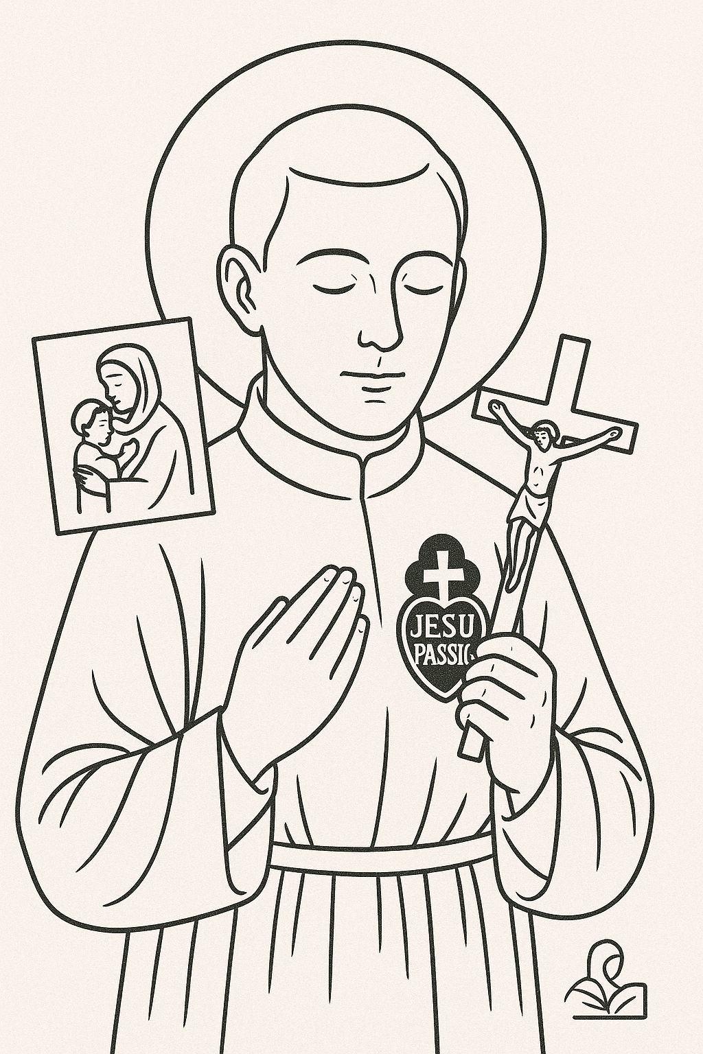 Line drawing of St. Gabriel Possenti, wearing traditional black Passionist habit, holding a crucifix and has an image of Our Lady of Sorrows behind him.