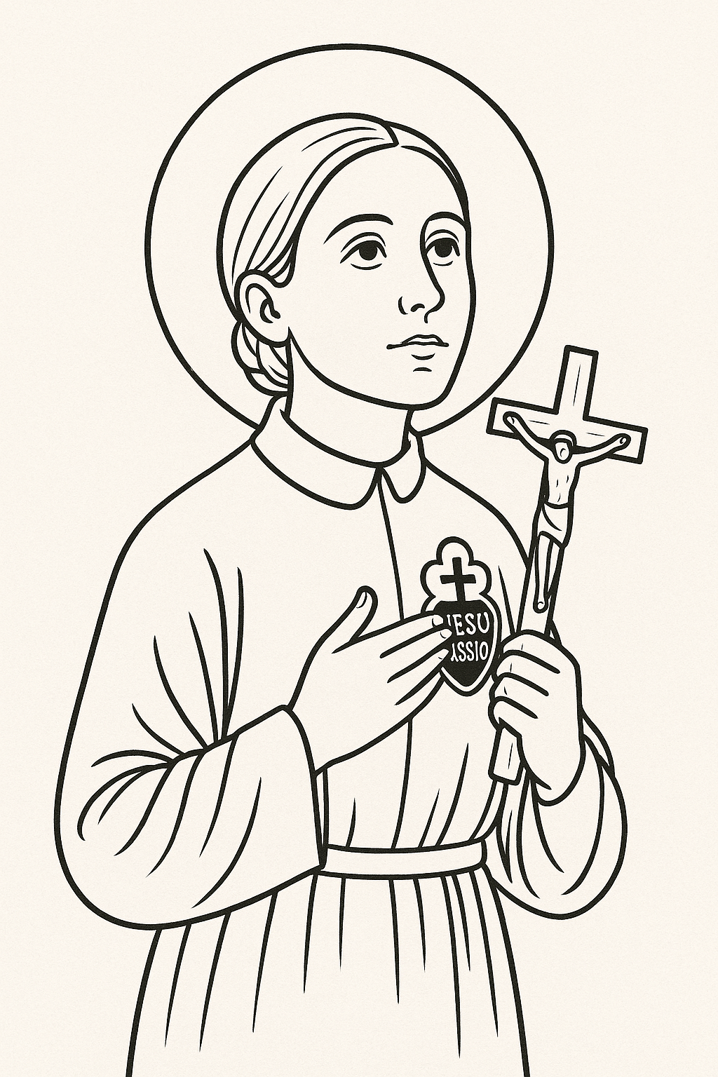 Line drawing of St. Gemma Galgani, wearing traditional Passionist attire and holding a Crucifix