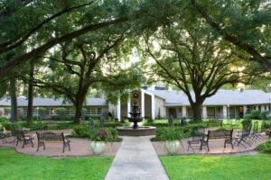 A beautiful, peaceful retreat center surrounded by trees in Houston, Texas