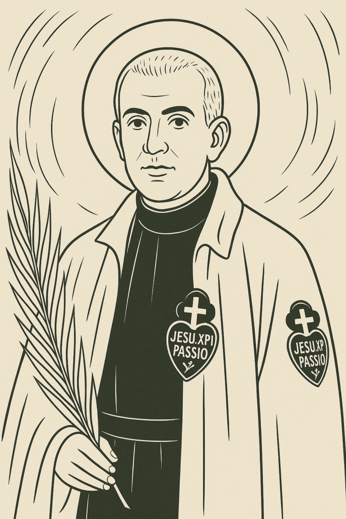 Line drawing of St. Inocencio Canoura wearing traditional Passionist attire and holding a palm
