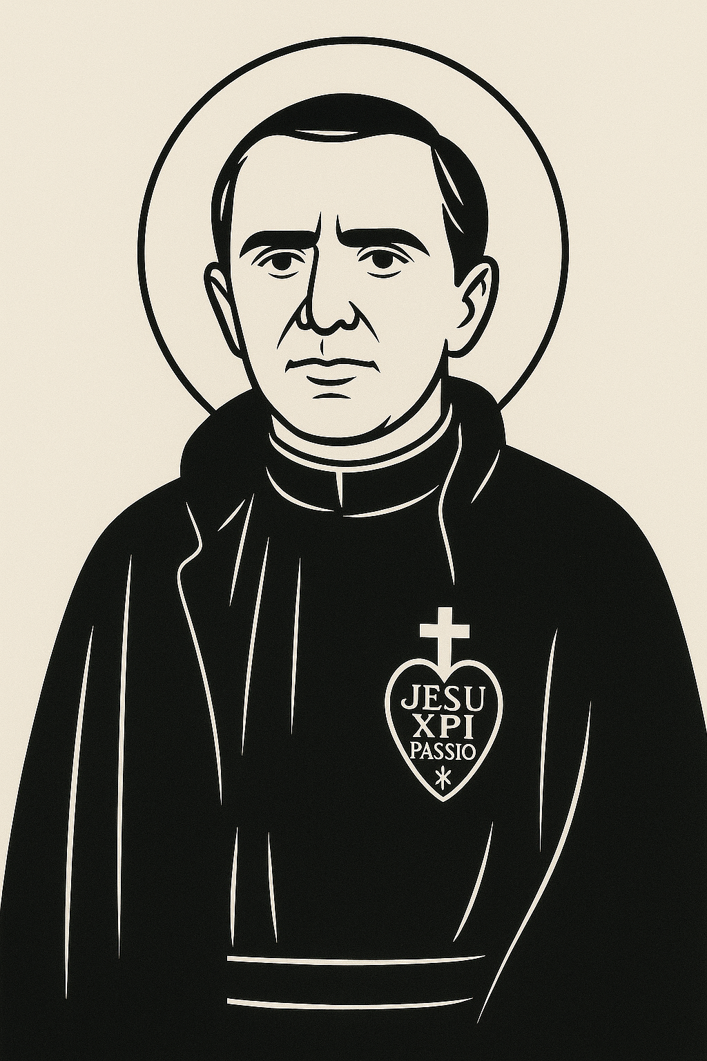 Line drawing of Blessed Isidore de Loor wearing a traditional black Passionist habit