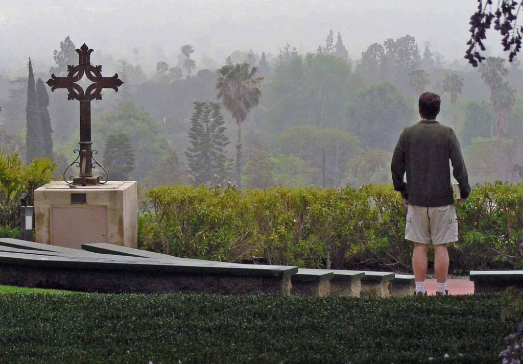 A person stands in contemplation at an outdoor scenic overlook on a misty day, facing away from the camera. In the foreground is a large iron cross mounted on a stone pedestal at Mater Dolorosa Passionist Retreat Center. The background features layers of green trees and faint silhouettes of palm trees and cypress trees fading into the mist. Overhead, branches and hanging wisteria flowers frame the scene.