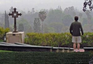 A person stands in contemplation at an outdoor scenic overlook on a misty day, facing away from the camera. In the foreground is a large iron cross mounted on a stone pedestal at Mater Dolorosa Passionist Retreat Center. The background features layers of green trees and faint silhouettes of palm trees and cypress trees fading into the mist. Overhead, branches and hanging wisteria flowers frame the scene.
