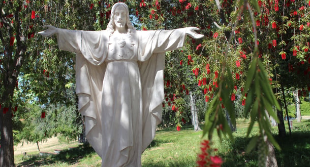 A white statue of Jesus with outstretched arms, representing the Sacred Heart, stands among green trees and red bottlebrush flowers in a peaceful garden setting.