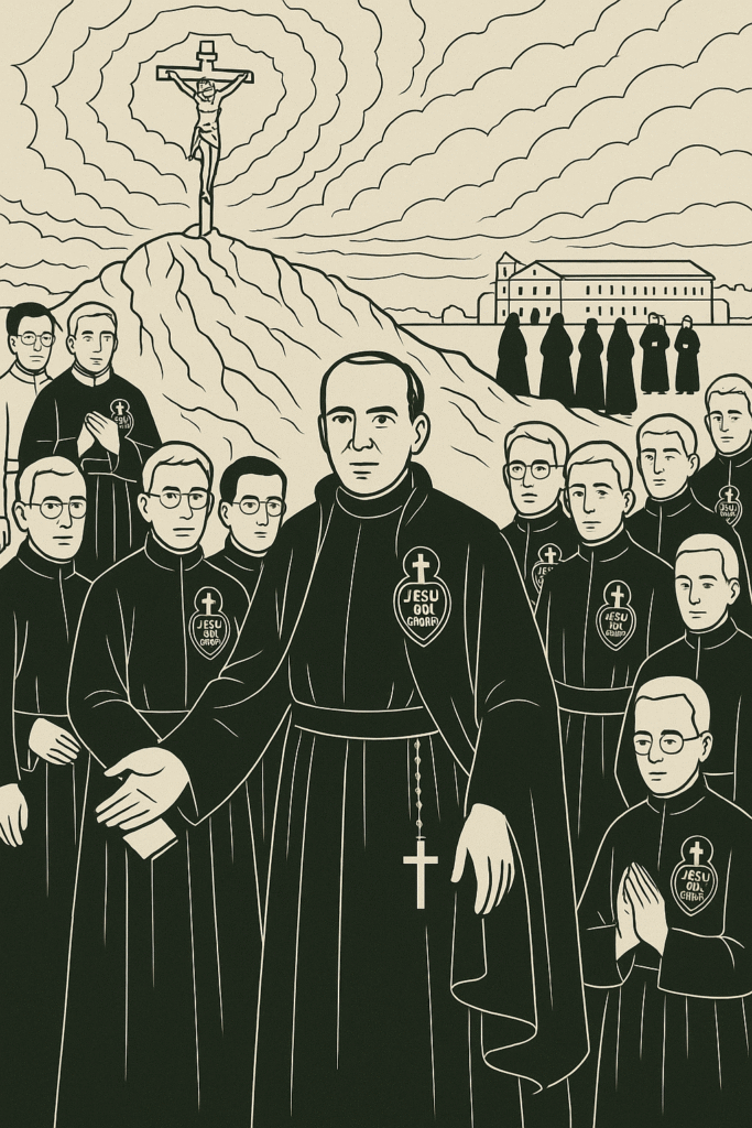 Line drawing of the Blessed Martyrs of Daimiel, approximately 12 men, wearing traditional black Passionist habits. A crucifix sits on a hill behind the group.