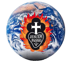 Photo of globe with the Passionist sign surrounded by flames