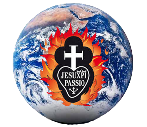 Photo of globe with the Passionist sign surrounded by flames