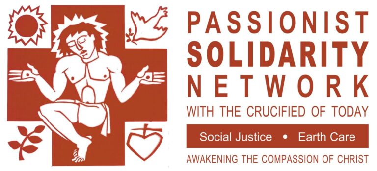 Passionist Solidarity Network logo. Includes a crucifix with a sun, plant, dove and the Passionist sign.