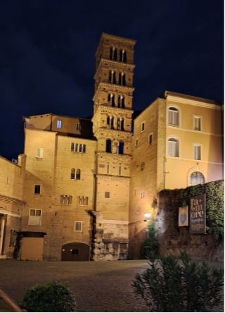 Peaceful image of the monastery and basilica of Sts. John and Paul in Rome at night.