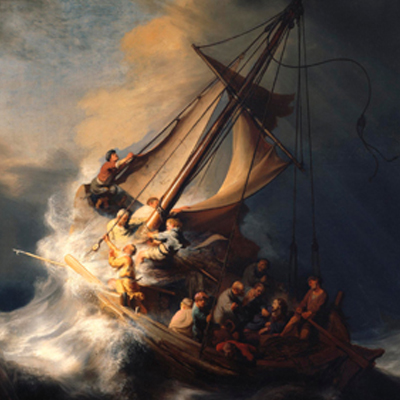 Painting depicting Jesus and his disciples in a small boat battling fierce waves during a storm, with dramatic lighting illuminating the scene.