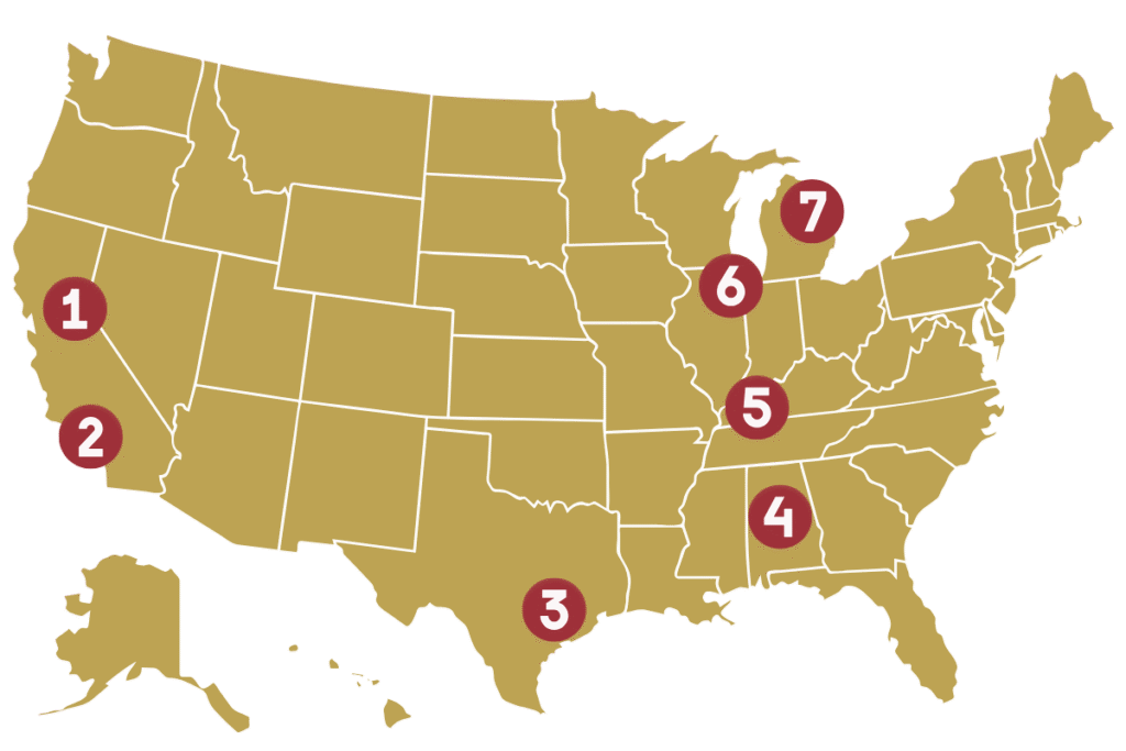 Numbered map of where the Passionists of Holy Cross Province serve in the United States