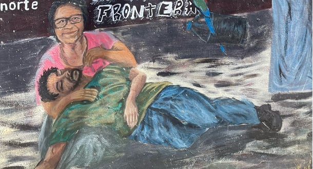 Painting of a woman holding a man in her lap, evoking compassion and care, with the word “FRONTERA” in the background and muted street scene elements around them.