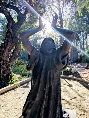 Bronze statue of Jesus kneeling with uplifted arms and face toward the sky, sunlight streaming through his hands in a garden setting.
