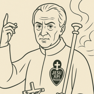 Line drawing of St. Paul of the Cross, wearing a traditional Passionist habit