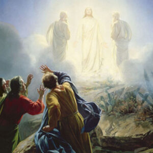 Painting of the Transfiguration of Jesus, showing Christ radiant in white light standing between Moses and Elijah, while three astonished disciples shield their eyes from the brilliance.
