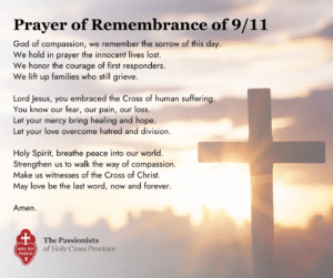 A Prayer of Remembrance for 9/11 with a cross silhouetted against a city skyline at sunset