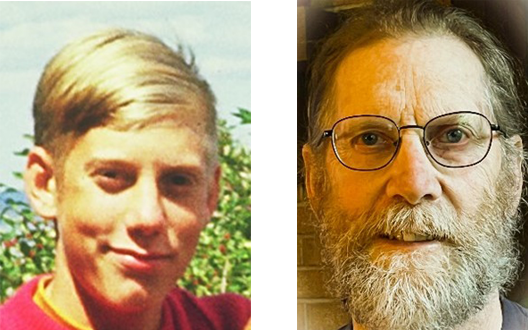 Side-by-side photos of the same person: on the left, a young man with blond hair in a casual shirt; on the right, an older man with glasses and a beard, smiling at the camera.