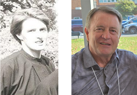 Side-by-side photos of the same person: on the left, a young man in a Passionist habit; on the right, an older man in a casual shirt, smiling indoors.