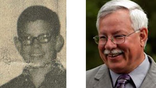 Side-by-side photos of the same person: on the left, a grainy black-and-white photo of a boy with glasses; on the right, an older man in a suit and tie, smiling.