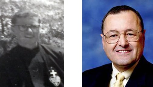 Side-by-side photos of the same person: on the left, a young man in a Passionist habit with glasses; on the right, a formal portrait of him as an older man in a suit and tie.
