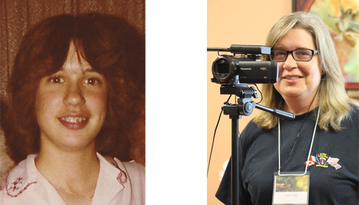 Side-by-side photos of the same person: on the left, a young girl with medium-length hair smiling; on the right, the same person as an adult, wearing glasses and operating a video camera.