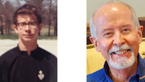 Side-by-side photos of the same person: on the left, a young man in a Passionist habit with glasses; on the right, an older man with a beard, smiling while seated indoors.