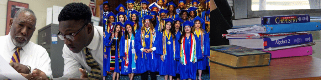 Collage showing a mentor with a student, a group of graduates in blue caps and gowns, and a stack of textbooks including Chemistry, Algebra 2, and a Bible.