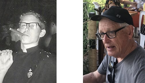 Side-by-side photos of the same person: on the left, a black-and-white photo of a young man in a Passionist habit holding a cigar; on the right, the same man older, wearing glasses and a cap, seated outdoors.