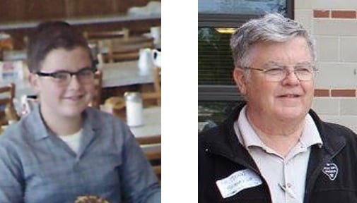 Side-by-side photos of the same person: on the left, a boy with glasses seated at a dining table; on the right, the same person older, smiling while standing outside in casual clothes.