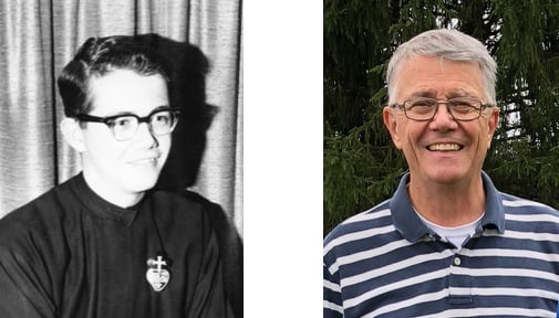 Side-by-side photos of the same person: on the left, a black-and-white image of a young man in a Passionist habit; on the right, a recent color photo of him smiling in a striped shirt outdoors.