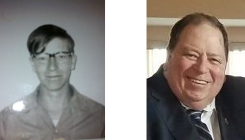 Side-by-side photos of the same person: on the left, a young man in glasses in a black-and-white photo; on the right, the same man older, smiling in a suit.