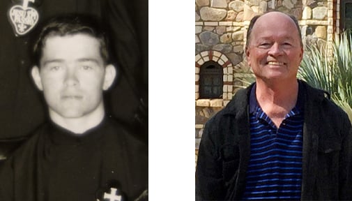 Side-by-side photos of the same person: on the left, a young man in a Passionist habit in a black-and-white group photo; on the right, the same person older, smiling outdoors in front of a stone building.