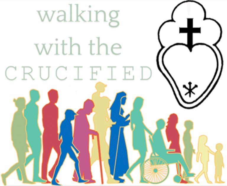 Illustration of people from various walks of life surround by text that says "Walking with the crucified" and the Passionist sign