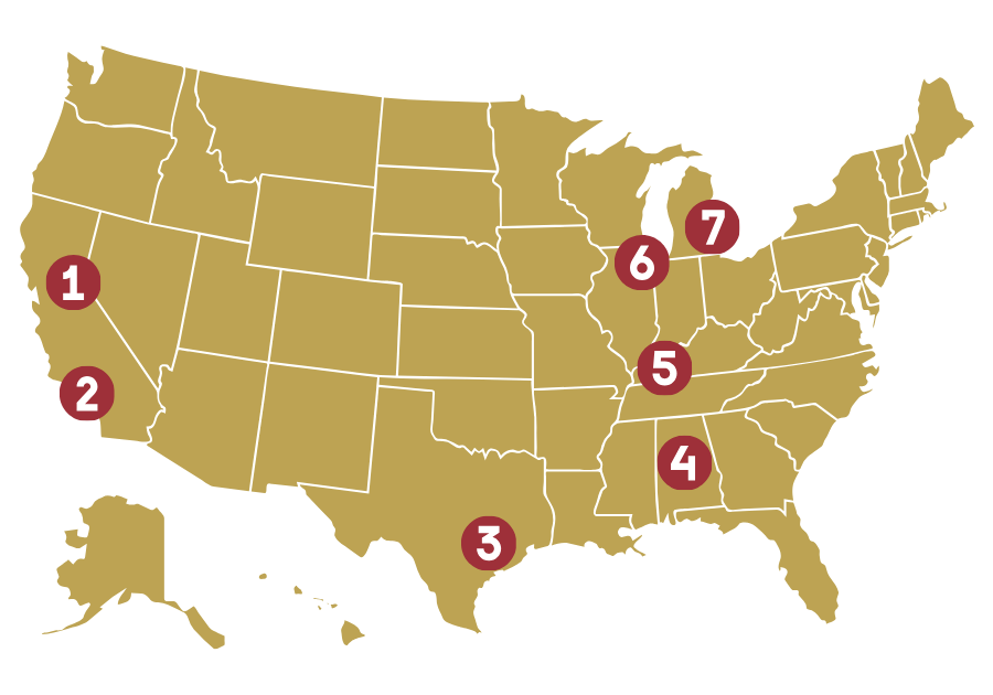 United States map numbered 1-7 of Holy Cross Province ministries